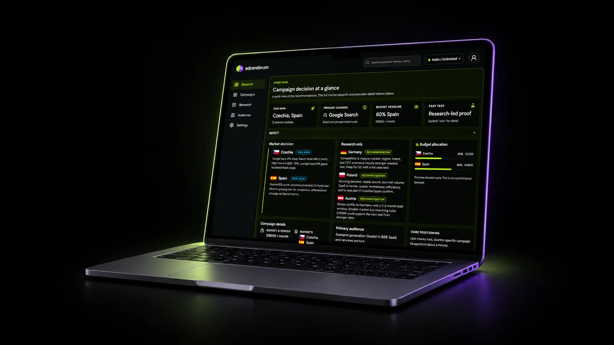 adcerebrum campaign blueprint shown on a laptop